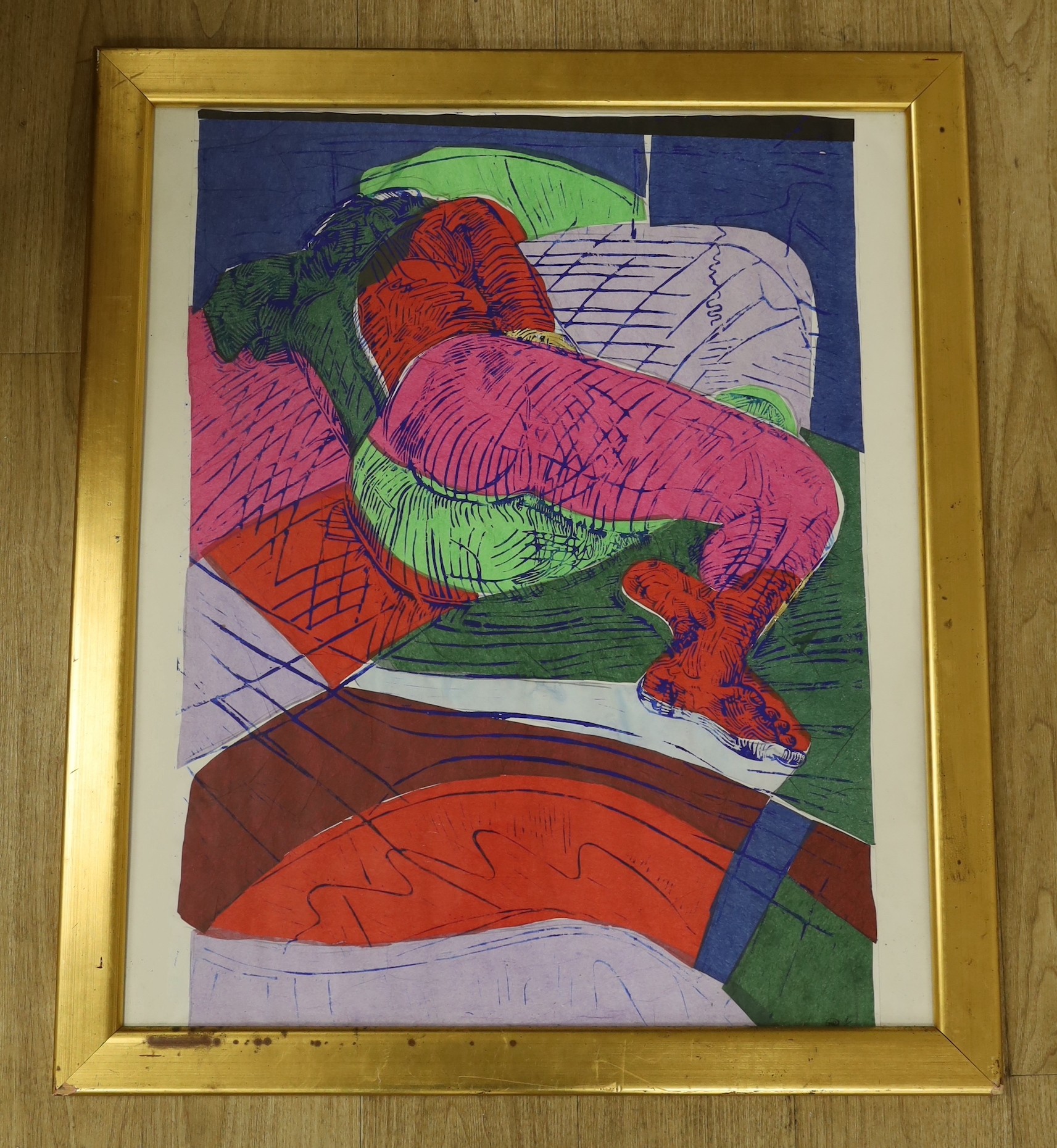 Modern British, linocut, Reclining woman, 80 x 67cm